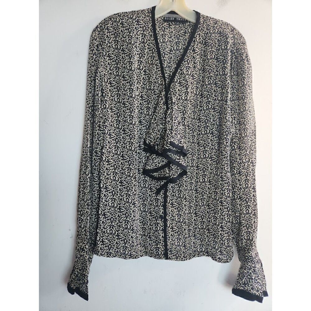 Linda Allard x Ellen Tracy Black w/Brown Floral 100% Silk Button Up Blouse sz 8